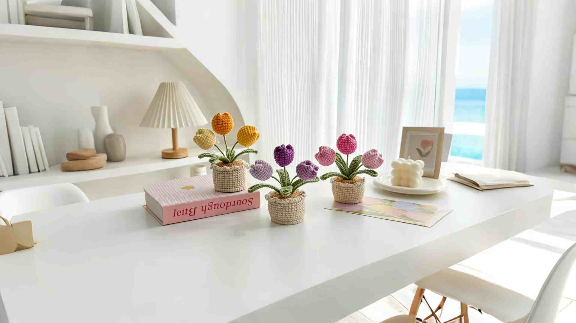 Decorative tulip plants on a white desk with a scenic view through curtains.
