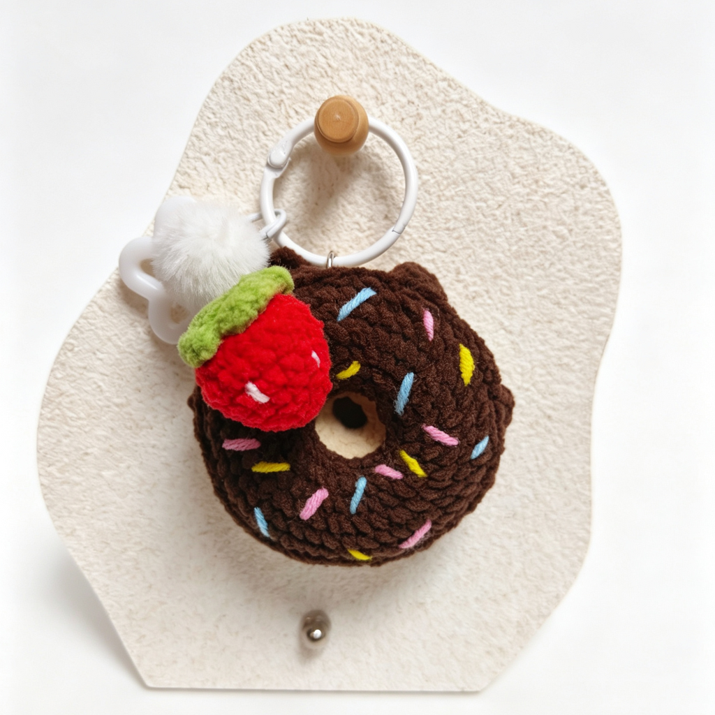 Crocheted donut keychain with strawberry on a heart-shaped stand
